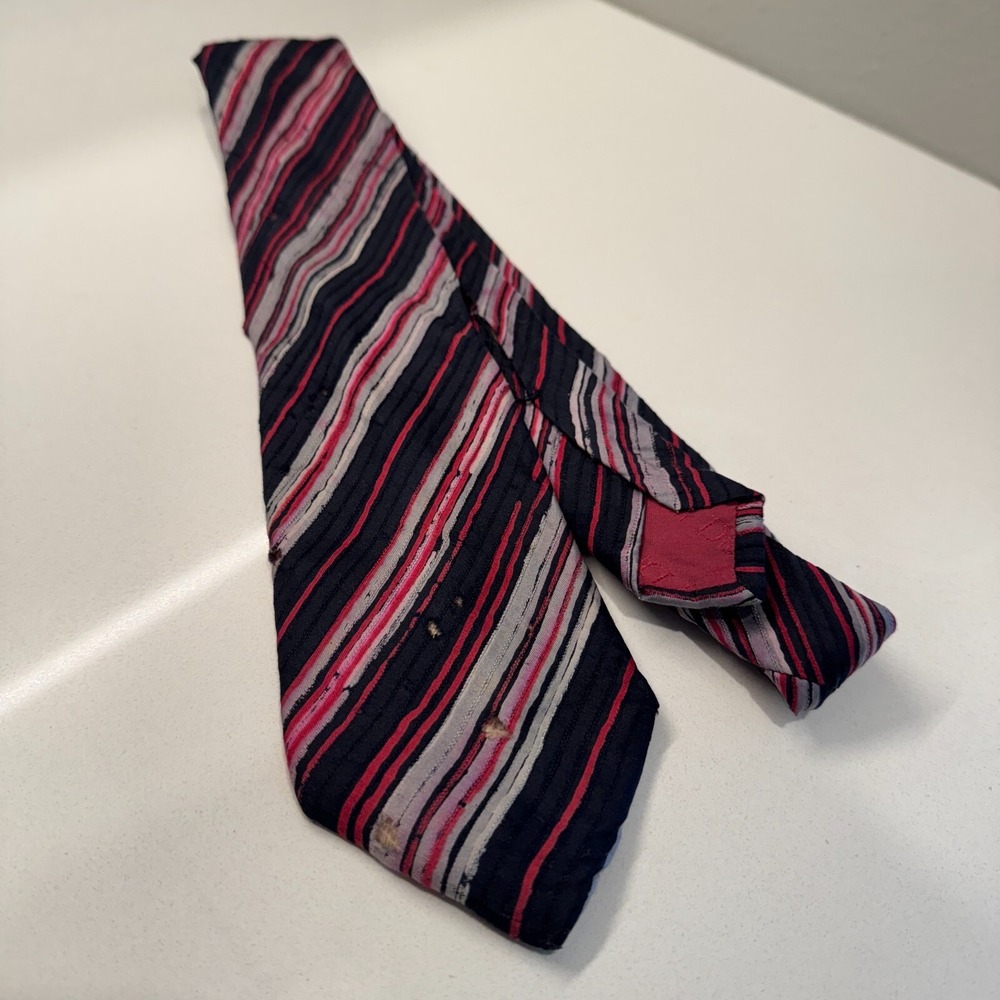 Vintage CHRISTIAN DIOR Monsieur Tie Stripe Distressed 100% SILK Red Black Casual